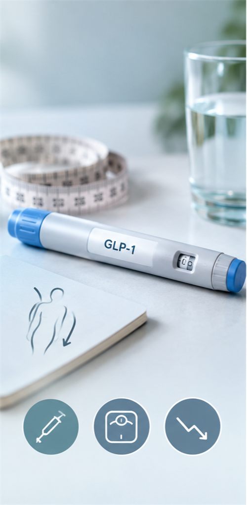 Een GLP-1-injectiepen naast een meetlint en een glas water