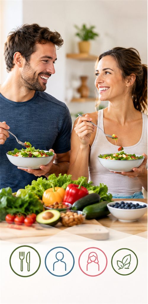 Een man en een vrouw eten lachend een gezonde salade